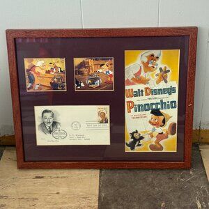 Walt Disneys Pinocchio Framed Memorabilia With First Day Of Issue Envelope & Art